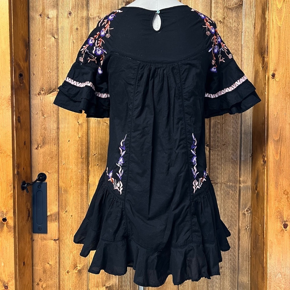 Free People Small Pavlo Black Floral Embroidered Mini Ruffle Babydoll Dress - Picture 5 of 8